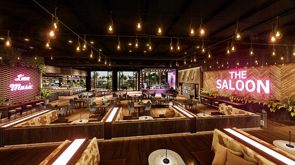 Interior rendering of The Saloon restaurant and live music venue at the Kingston community center