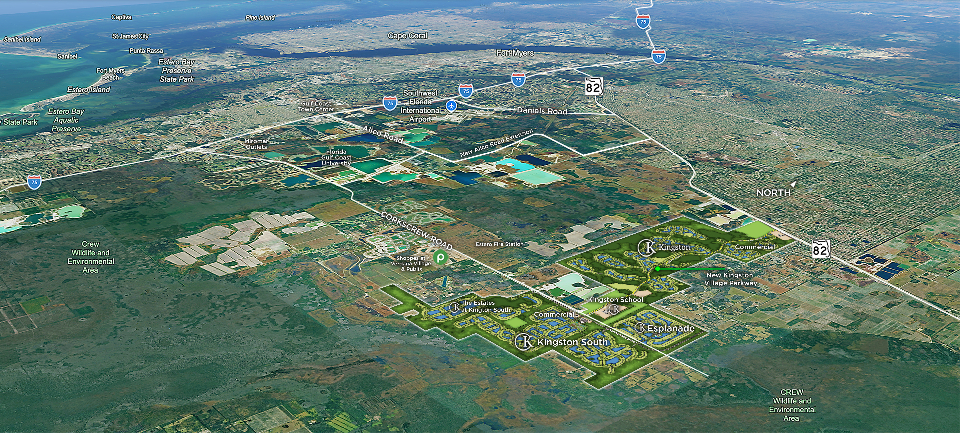 Kingston Estero aerial master plan August 2026 showing all sections including Esplanade Kingston South The Estates and Kingston North