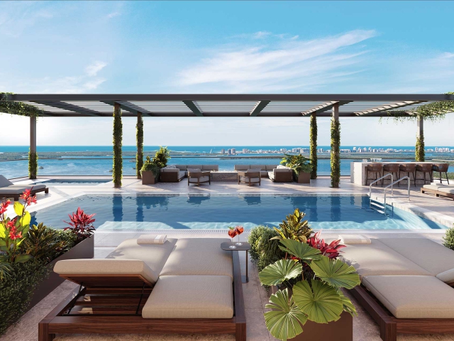 Rooftop pool deck rendering at The Island at West Bay Club, Estero, FL overlooking Estero Bay