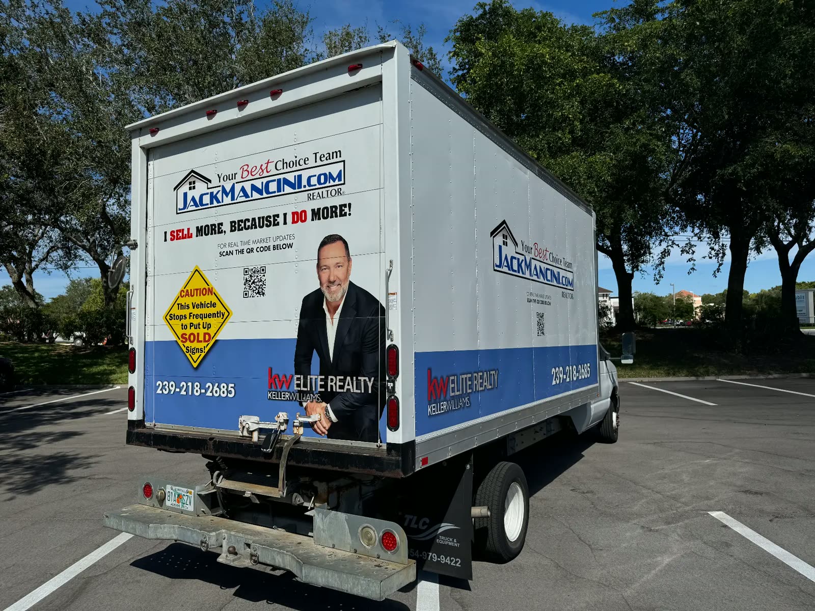 Jack Mancini Team branded marketing truck featuring I Sell More Because I Do More and a QR code for real-time market updates, Keller Williams Elite Realty, Estero FL.