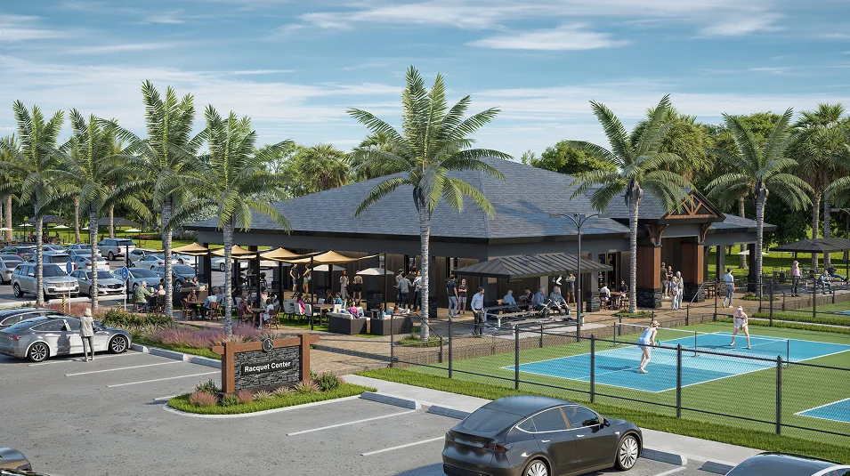 Rendering of the Kingston Racquet Center with outdoor pickleball courts and covered patio