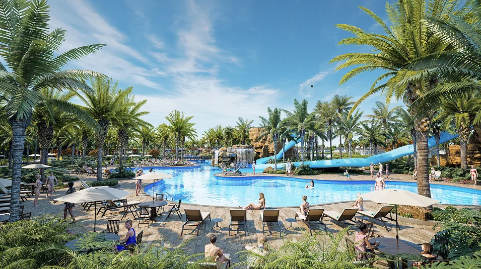 Rendering of Kingston pool deck with lounge seating and palms