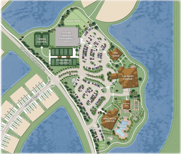 Esplanade at Kingston amenity plan in Estero, Florida showing the resort pool, Wellness Center, tennis and pickleball courts, Culinary Center and The Venue along Esplanade Promenade Drive — 2026