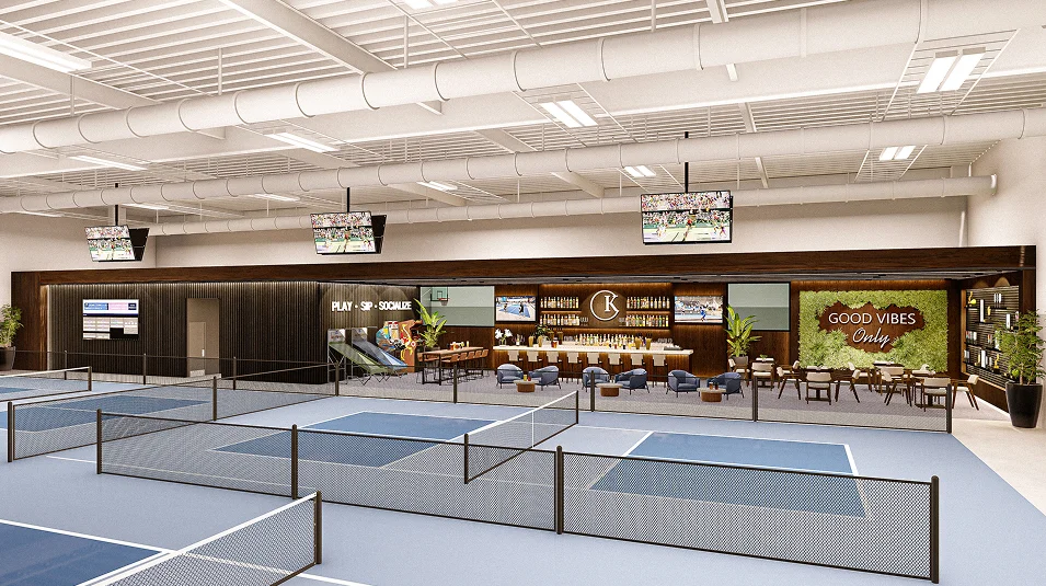 Rendering of the indoor pickleball courts and social club bar at Kingston