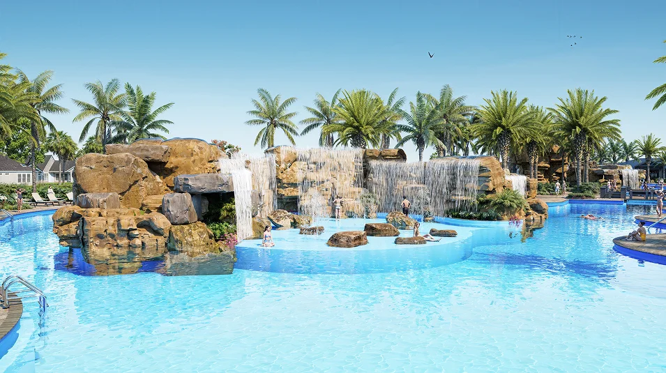 Rendering of the Kingston resort pool waterfall grotto feature