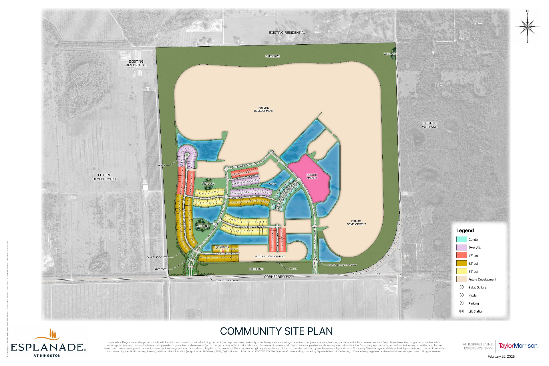 Esplanade at Kingston community site plan in Estero, Florida showing condominium, twin villa, 47-foot, 52-foot and 62-foot home sites, lakes, preserves, the resort amenity center and gated entry on Corkscrew Road — February 2026