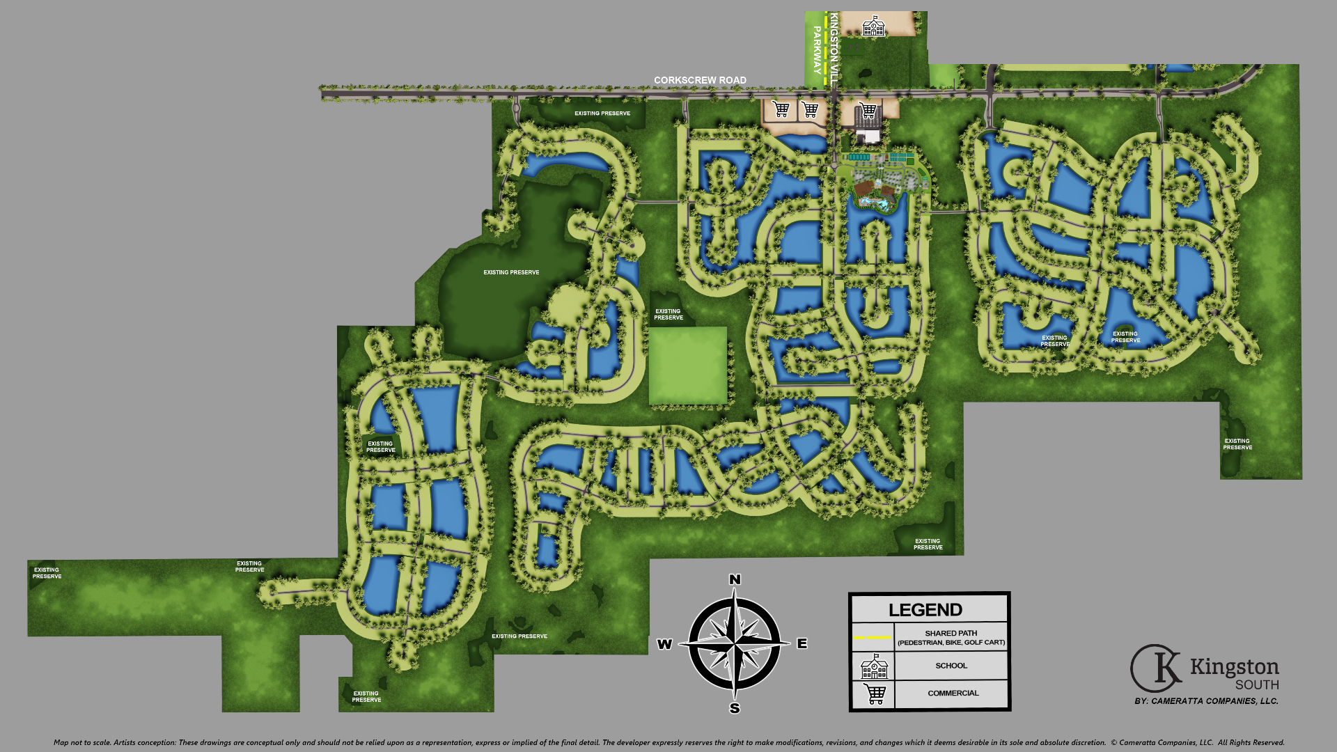 Kingston South site plan in Estero, Florida showing the community layout, lakes, shared paths, school parcel and commercial areas along Corkscrew Road — August 2026