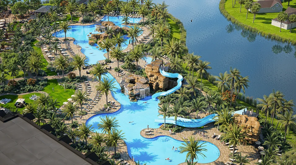 Aerial rendering of Kingston lagoon pool with waterslides and lounge decks