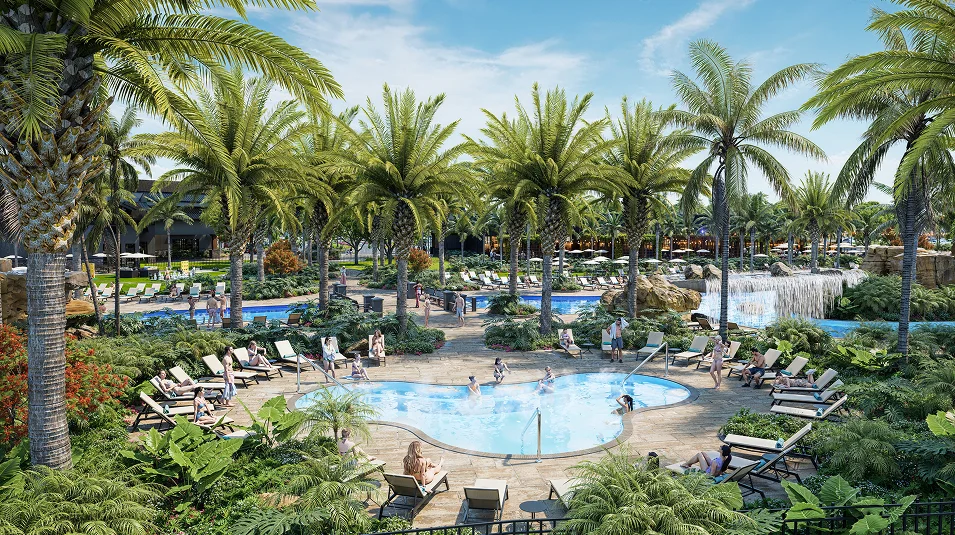 Rendering of a secondary pool and spa area at Kingston surrounded by tropical landscaping