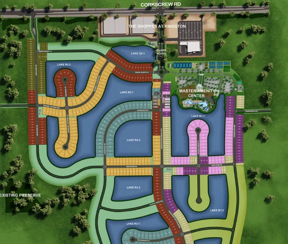 Lennar homesite map for Kingston South in Estero, Florida showing color-coded homesites by series, lakes, preserve and the master amenity center — 2026