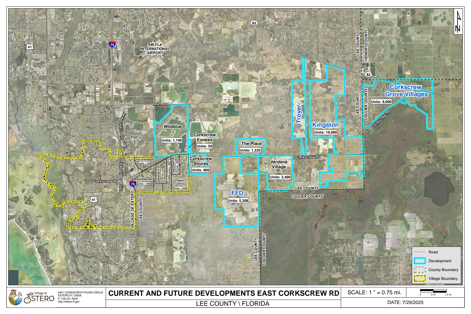Village of Estero official map showing current and future developments along East Corkscrew Road, including Kingston, Verdana Village, WildBlue, The Place at Corkscrew, and Corkscrew Shores