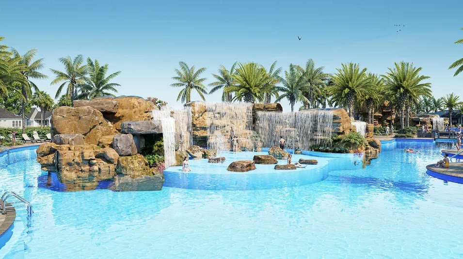 Rendering of the Kingston South resort pool complex with waterfall feature and palms in Estero, Florida