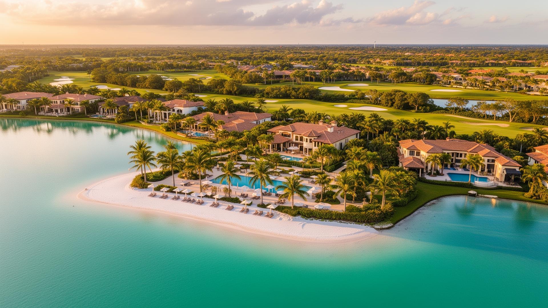 Aerial view of Miromar Lakes Beach & Golf Club luxury waterfront community in Estero, Florida