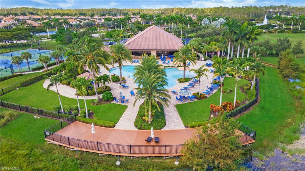 Aerial view of Preserve at Corkscrew amenity center, pool, and clubhouse in Estero, Florida
