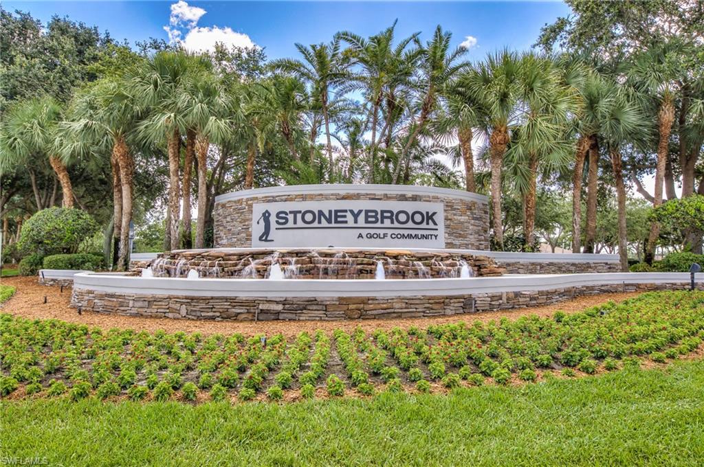 Stoneybrook Golf Community entrance sign with fountain